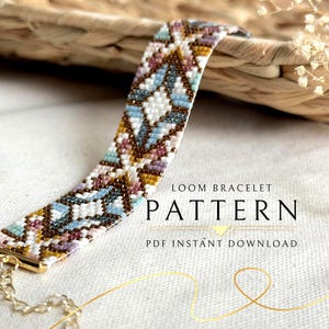 May include: A loom bracelet with a geometric pattern in shades of white, blue, brown, yellow, and purple. The bracelet has a gold clasp and chain. Text on the image reads "LOOM BRACELET PATTERN PDF INSTANT DOWNLOAD."