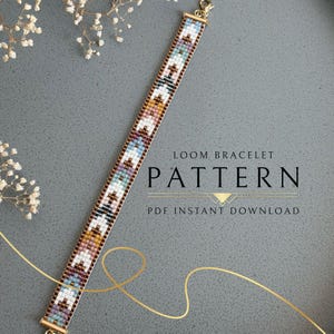 May include: A beaded loom bracelet with a geometric pattern in white, brown, blue, and gold. The bracelet is rectangular and has a gold clasp. The text "LOOM BRACELET PATTERN PDF INSTANT DOWNLOAD" is visible.