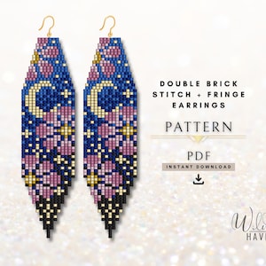 May include: A pair of long, pointed beaded earrings featuring a dark blue background with pink flowers, a yellow crescent moon, and small stars. The text reads: DOUBLE BRICK STITCH + FRINGE EARRINGS PATTERN PDF INSTANT DOWNLOAD. The bottom edges are black.