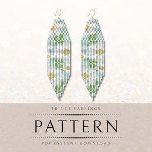 May include: A pair of beaded fringe earrings with a geometric pattern. The earrings feature a light blue background with a white grid, green leaves, and yellow flower accents. Gold-colored ear wires are attached to the top of each earring. The word "PATTERN" is printed below the earrings.