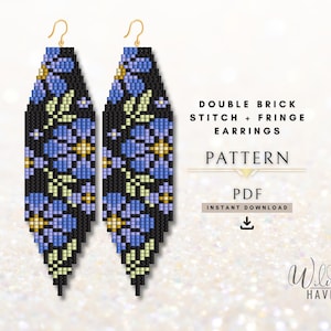 May include: A pair of long, pointed beaded earrings featuring a floral pattern in shades of blue, yellow, and black. The text reads: DOUBLE BRICK STITCH + FRINGE EARRINGS PATTERN PDF INSTANT DOWNLOAD. The Wild Haven logo is visible at the bottom right.