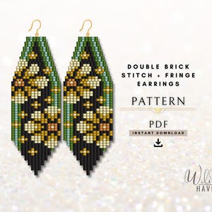 May include: A pair of long, pointed beaded earrings featuring a floral pattern in yellow, black, and green. The text reads: DOUBLE BRICK STITCH + FRINGE EARRINGS PATTERN PDF INSTANT DOWNLOAD. The design uses a geometric grid of small beads to form flowers.
