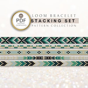 Könnte beinhalten: Eine digitale PDF-Mustersammlung für Webrahmen-Armbänder mit fünf verschiedenen geometrischen Designs in den Farben Petrol, Schwarz, Weiß und Creme. Der Text lautet LOOM BRACELET STACKING SET PATTERN COLLECTION mit einem PDF-Symbol.