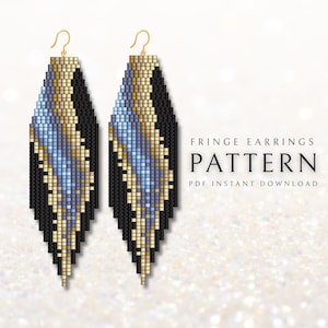 May include: A pair of long fringe earrings made of small square beads in a wave pattern of black, gold, and light blue. The text on the right reads: FRINGE EARRINGS PATTERN PDF INSTANT DOWNLOAD. The earrings feature gold-colored metal ear hooks.