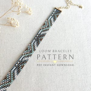 May include: A beaded loom bracelet pattern in a PDF instant download. The bracelet features a geometric design with small, colorful beads in shades of brown, white, gray, and teal. The bracelet is shown on a neutral background with the text "LOOM BRACELET PATTERN".