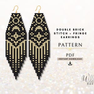 May include: Two long beaded earrings featuring a black and cream geometric pattern with fringe at the bottom and gold-tone hooks. Text reads: DOUBLE BRICK STITCH + FRINGE EARRINGS PATTERN PDF INSTANT DOWNLOAD. The Wild Haven logo is at the bottom right.