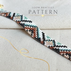 May include: A beaded loom bracelet with a geometric pattern in shades of brown, black, white, and teal. The text "LOOM BRACELET PATTERN" is displayed above the bracelet.