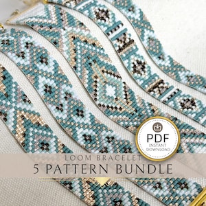 May include: Five loom bracelets featuring intricate geometric patterns in shades of teal, white, and metallic gold beads. A circular gold badge with the text PDF INSTANT DOWNLOAD and the text LOOM BRACELET 5 PATTERN BUNDLE are overlaid on the image.