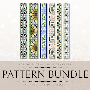 Op de afbeelding: Een patroonbundel voor lente bloemen weefarmbanden. De afbeelding toont zes kleurrijke, met kralen bezette armbandpatronen met bloemmotieven. De patronen bevatten verschillende kleuren zoals groen, blauw, geel en wit. De tekst onderaan luidt "PATTERN BUNDLE" en "PDF INSTANT DOWNLOAD."