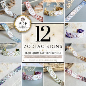 Pode incluir: Uma coleção de pulseiras de contas com padrões de signos do zodíaco. A imagem inclui um gráfico de download instantâneo em PDF e o texto "12 ZODIAC SIGNS BEAD LOOM PATTERN BUNDLE". As pulseiras são de várias cores e designs.