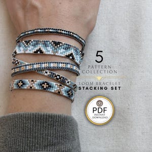 May include: A set of five loom bracelets featuring geometric patterns in shades of blue, black, white, and metallic gold. The text 5 PATTERN COLLECTION LOOM BRACELET STACKING SET and a gold circular PDF INSTANT DOWNLOAD badge are visible.