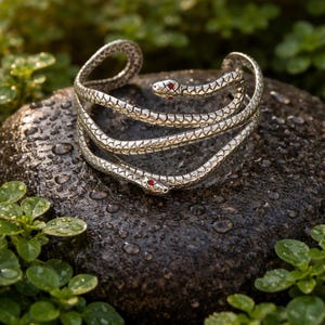 Vintage Silver Tone Snake Open Bangle Bracelet Statement Wrist Jewelry
