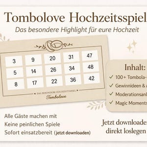 May include: A beige wedding game card with the text "Tombolove Hochzeitsspiel" and a grid of numbers. Additional text includes "Das besondere Highlight für eure Hochzeit" and bullet points listing contents like "100+ Tombola-Karten".