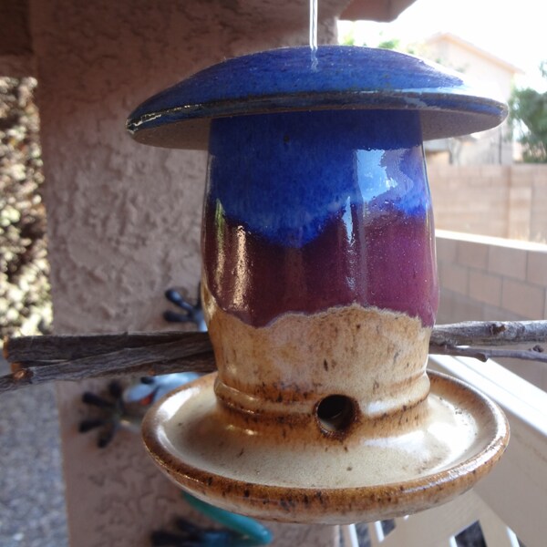 Bird Feeder Birdfeeder in ceramic  Bright Blue, Plum and light brown #9
