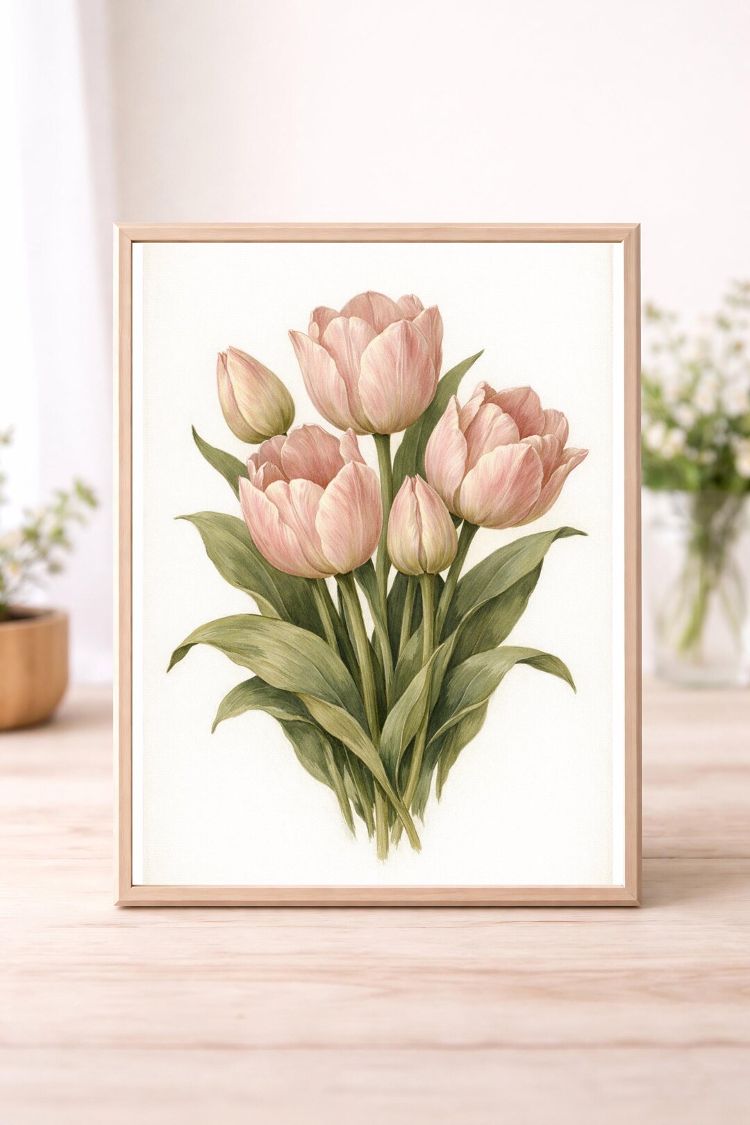 Soft Pink Tulip Botanical Print, Vintage Floral Wall Art, Neutral ...