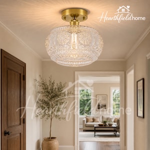Floral Glass Semi Flush Mount Ceiling Light, Brass Gold Fixture for Entryway