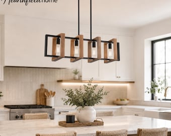 Farmhouse Kitchen Island Chandelier Rectangular Dining Room Pendant Light Fixture with Adjustable Height