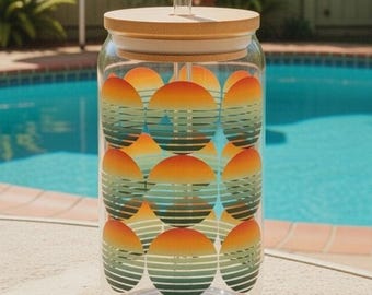 Retro Sunset Glass Tumbler with Bamboo Lid | 16oz Geometric Iced Coffee Glass Cup with Straw