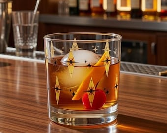 Atomic Starburst Motif Whiskey Glass | Mid Century Modern Rocks Glass | Gold & Black 10oz