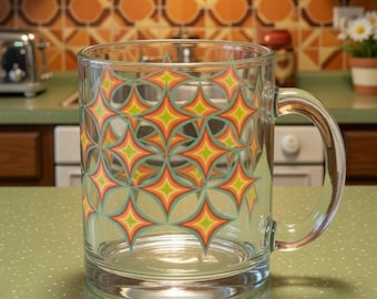 70s Retro Starburst Pattern Glass Mug 10oz - Vintage Geometric Coffee Cup, Clear Heat Resistant Drinkware, Warm Glow Motif