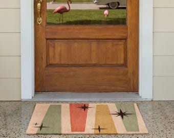 Sage Terracotta Doormat, Mid Century Modern Coir Welcome Mat, Retro Geometric Starburst Entry Rug, Outdoor Front Door Mat 24x16
