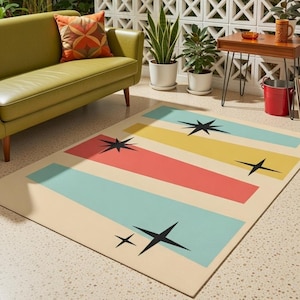 Mid Century Outdoor Rug, Retro Geometric Patio Rug, Atomic Starburst Stripe Rug, Colorful Porch Decor