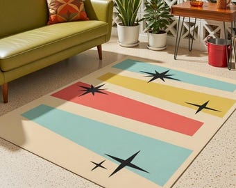 Mid Century Outdoor Rug, Retro Geometric Patio Rug, Atomic Starburst Stripe Rug, Colorful Porch Decor