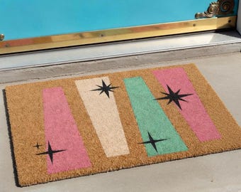 Mid Century Doormat | Coconut Fiber Mat with Atomic Age Decor Starburst Design - Retro Pink & Mint Stripes