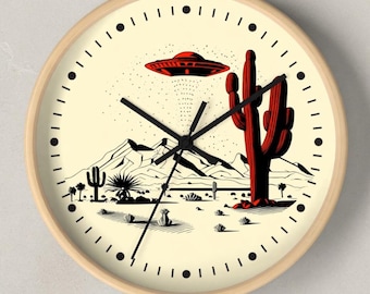 Retro Futurism Wall Clock | Atomic Age UFO Desert Scene | 10 Inch Vintage Space Age Clock