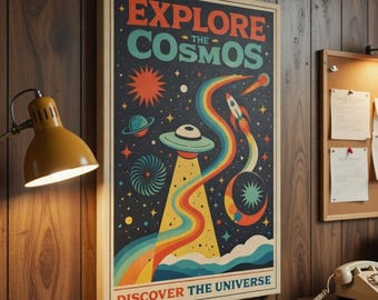 Retro ruimte canvas print poster vintage universum muurkunst - Explore Cosmos Rocket UFO decor meerdere maten kinderkamer cadeau