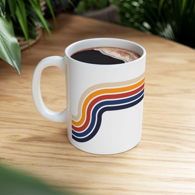 Lead Free Ceramic Mug, Retro Rainbow Coffee Cup, Microwave Safe Mug, Glossy Stripe Drinkware, Vintage Boho Mug Gift image 1