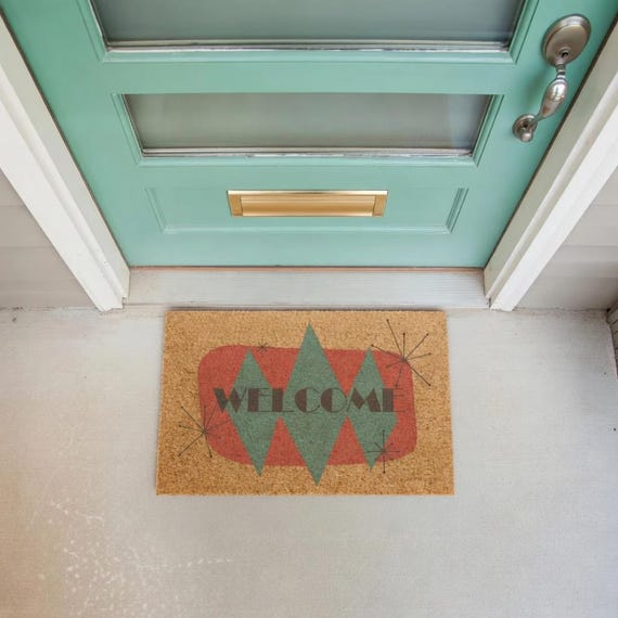 Mid Century Modern Coconut Fiber Welcome Mat | Atomic Starburst Design Retro Orange Green Coir Doormat 24 x 16