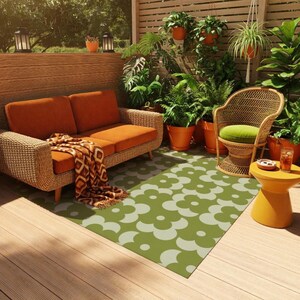 Deck Rug | Retro Flower Green Geometric Pattern | Fade Resistant Outdoor Rug for Patios image 2