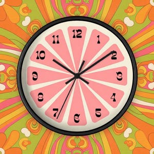 May include: A round wall clock with a black frame and a pink grapefruit slice design. The clock face features black numbers and hands. The background is a colorful, retro-style pattern with orange, green, and pink hues.