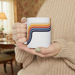 Lead Free Ceramic Mug, Retro Rainbow Coffee Cup, Microwave Safe Mug, Glossy Stripe Drinkware, Vintage Boho Mug Gift image 2