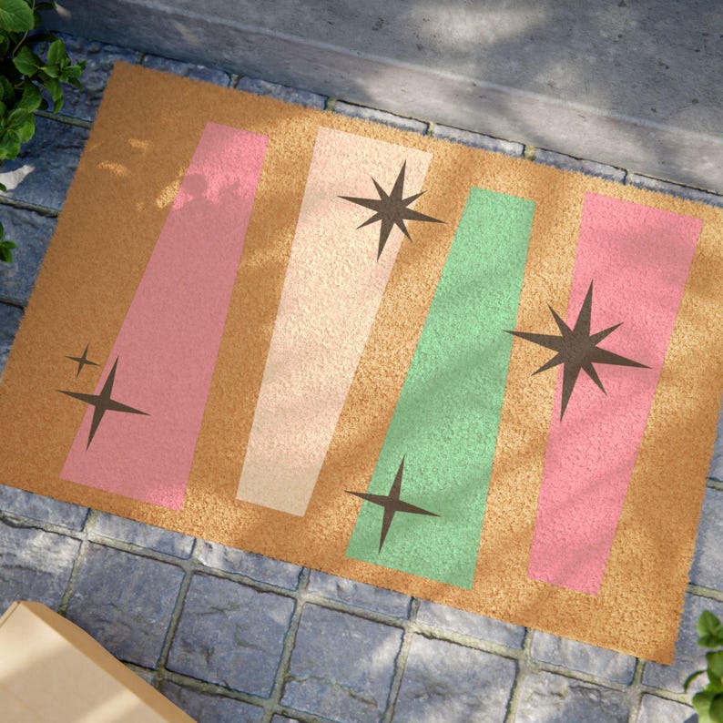 Deurmat uit het midden van de eeuw | Kokosvezelmat met Atomic Age-decor Starburst-ontwerp - retro roze en muntstrepen afbeelding 4