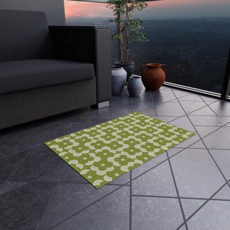 Deck Rug | Retro Flower Green Geometric Pattern | Fade Resistant Outdoor Rug for Patios 24" × 36"