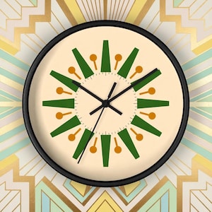 Atomic Sunburst Clock, Modern Retro Clock, Retro Starburst Wall Clock, Silent Quartz Mid Century Clock, Wood Frame Gift