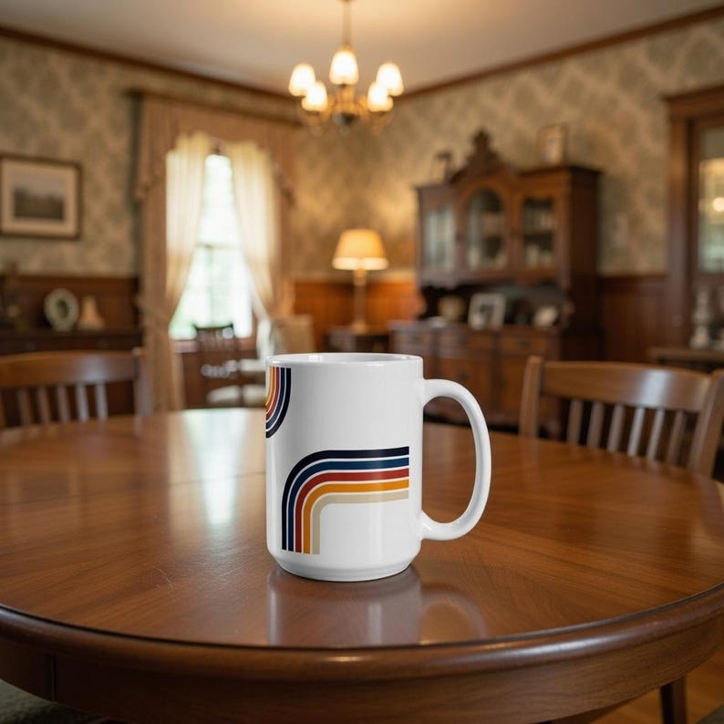 Lead Free Ceramic Mug, Retro Rainbow Coffee Cup, Microwave Safe Mug, Glossy Stripe Drinkware, Vintage Boho Mug Gift image 4