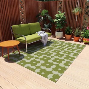 Deck Rug | Retro Flower Green Geometric Pattern | Fade Resistant Outdoor Rug for Patios image 3