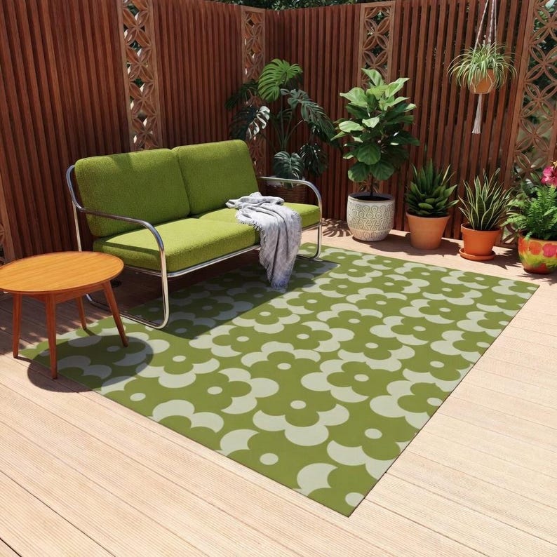 Deck Rug | Retro Flower Green Geometric Pattern | Fade Resistant Outdoor Rug for Patios image 3