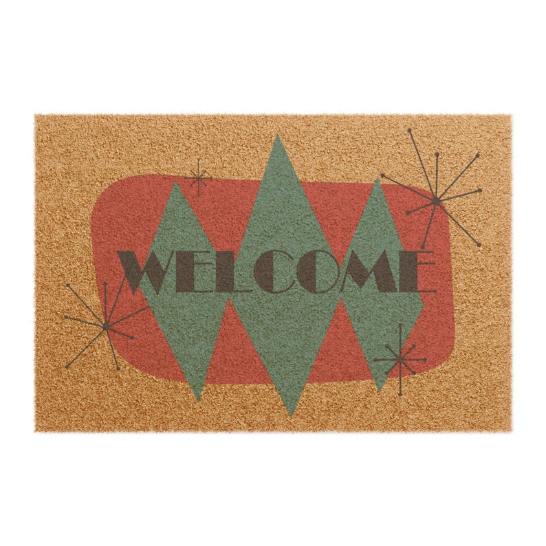 Mid Century Modern Coconut Fiber Welcome Mat | Atomic Starburst Design Retro Orange Green Coir Doormat 24 x 16 image 6