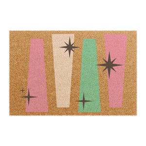 Deurmat uit het midden van de eeuw | Kokosvezelmat met Atomic Age-decor Starburst-ontwerp - retro roze en muntstrepen afbeelding 6