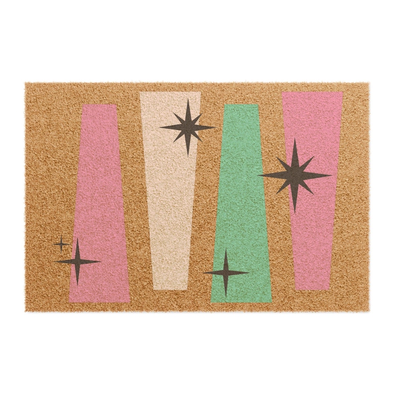 Deurmat uit het midden van de eeuw | Kokosvezelmat met Atomic Age-decor Starburst-ontwerp - retro roze en muntstrepen afbeelding 6
