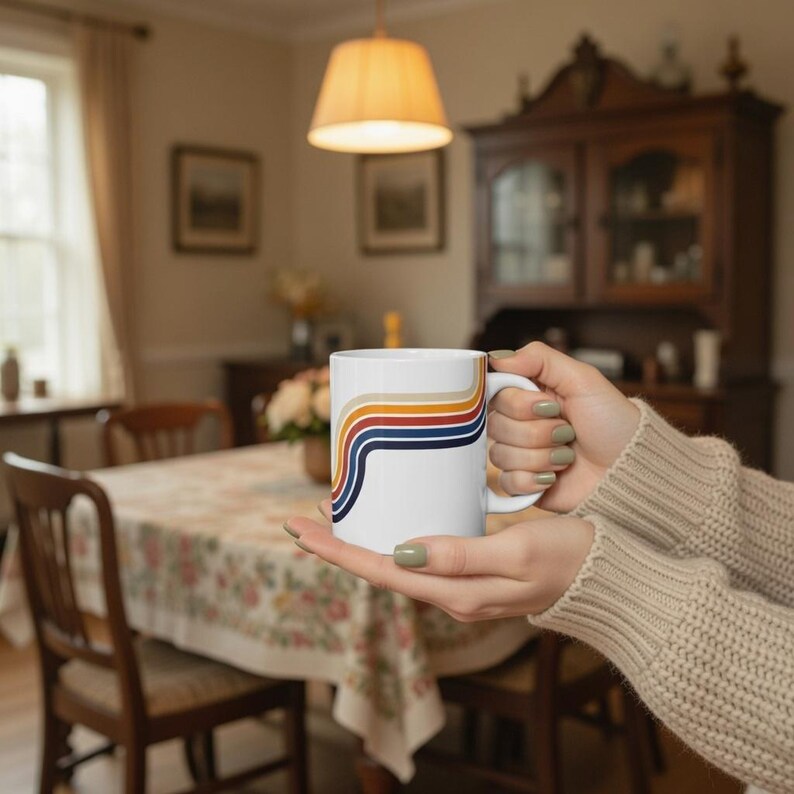 Lead Free Ceramic Mug, Retro Rainbow Coffee Cup, Microwave Safe Mug, Glossy Stripe Drinkware, Vintage Boho Mug Gift image 3
