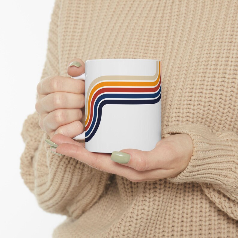 Lead Free Ceramic Mug, Retro Rainbow Coffee Cup, Microwave Safe Mug, Glossy Stripe Drinkware, Vintage Boho Mug Gift image 6