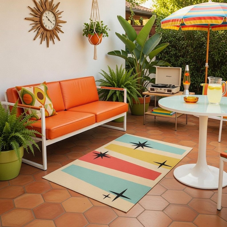 Mid Century Outdoor Rug, Retro Geometric Patio Rug, Atomic Starburst ...