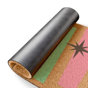 Deurmat uit het midden van de eeuw | Kokosvezelmat met Atomic Age-decor Starburst-ontwerp - retro roze en muntstrepen afbeelding 5