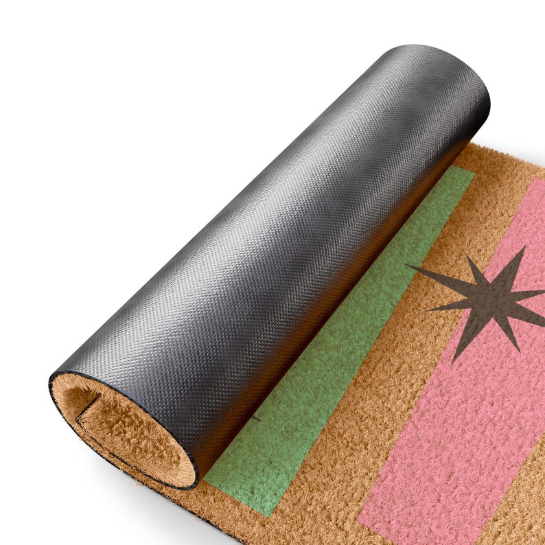 Deurmat uit het midden van de eeuw | Kokosvezelmat met Atomic Age-decor Starburst-ontwerp - retro roze en muntstrepen afbeelding 5