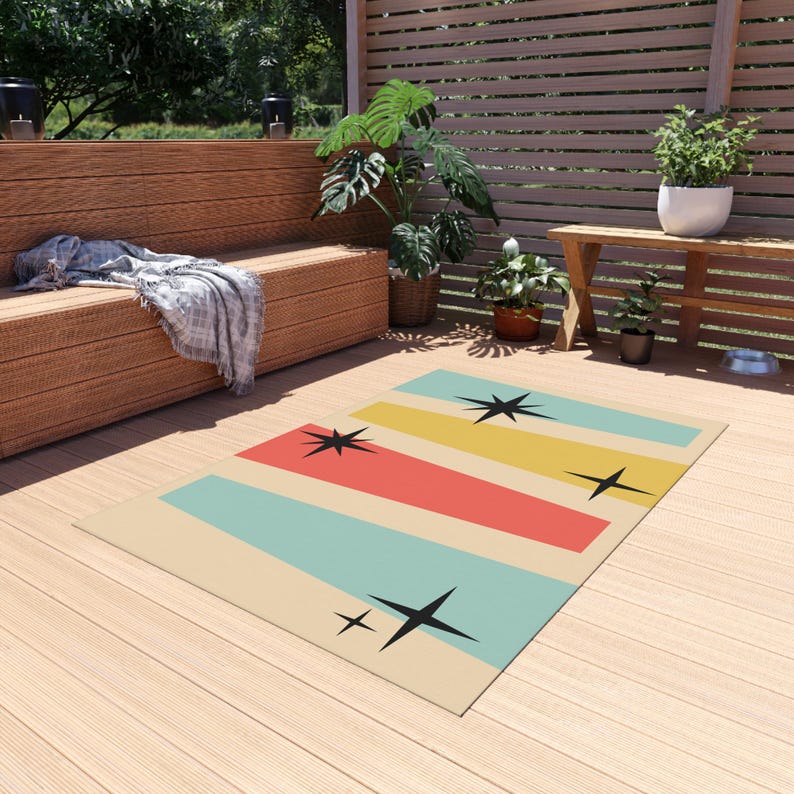 Mid Century Outdoor Rug, Retro Geometric Patio Rug, Atomic Starburst ...